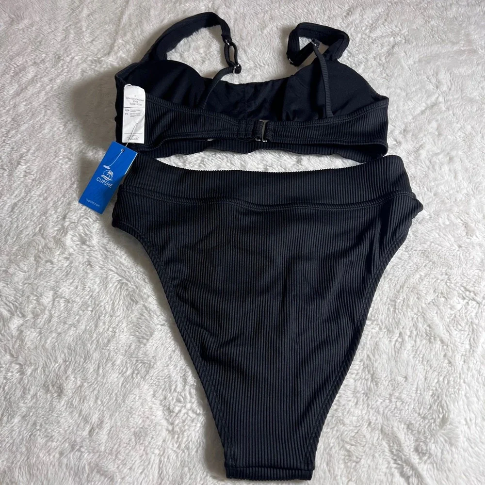 Cupshe Black Ribbed High Waisted Bikini Set Keyhole Top Crossover‎ Bottom Medium